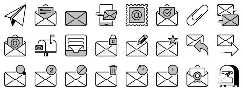 Pictograme în două tonuri despre e-mail. Conceptul de tehnologie și comunicare royalty free illustration