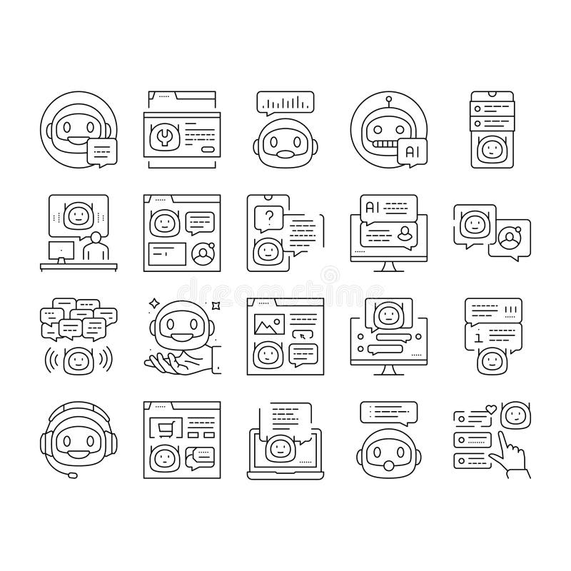 Pictogramele pentru serviciul robot chat robot online setează vectoriul stock illustration