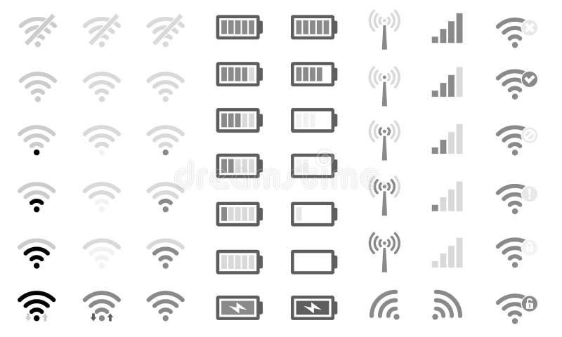 Pictogramele sistemului de telefonie mobilă fixă indică nivelul de încărcare a bateriei pentru rezistența semnalelor prin semnal w vector illustration