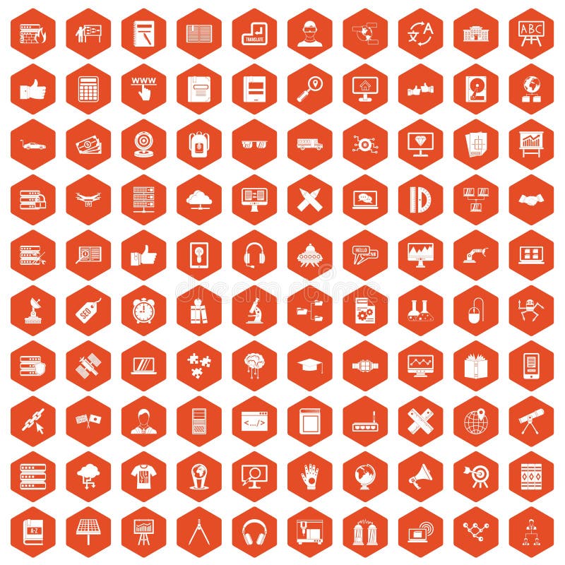 100 education technology icons set in orange hexagon isolated vector illustration. 100 education technology icons set in orange hexagon isolated vector illustration