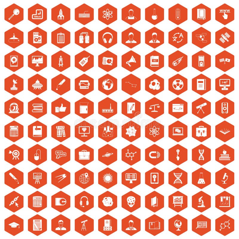 100 researcher science icons set in orange hexagon isolated vector illustration. 100 researcher science icons set in orange hexagon isolated vector illustration