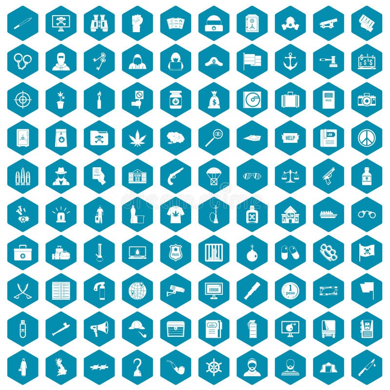 100 crime investigation icons set in sapphirine hexagon isolated vector illustration. 100 crime investigation icons set in sapphirine hexagon isolated vector illustration