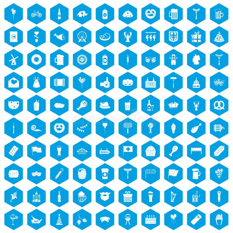 100 pictogrammen van de bierpartij geplaatst blauw royalty-vrije illustratie 100 pictogrammen van de bierpartij geplaatst blauw royalty-vrije illustratie