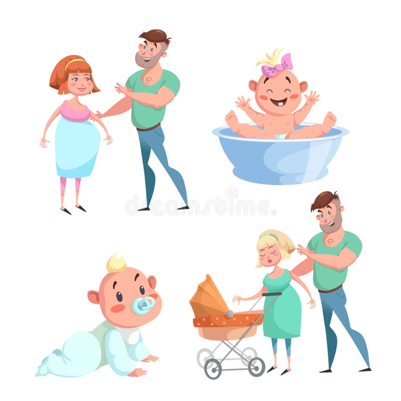 Pictogrammen van de de familiesticker van het beeldverhaal in ontwerp de gelukkige De wasbaby in bassin en kruipt baby, zwangere royalty-vrije illustratie Pictogrammen van de de familiesticker van het beeldverhaal in ontwerp de gelukkige De wasbaby in bassin en kruipt baby, zwangere royalty-vrije illustratie