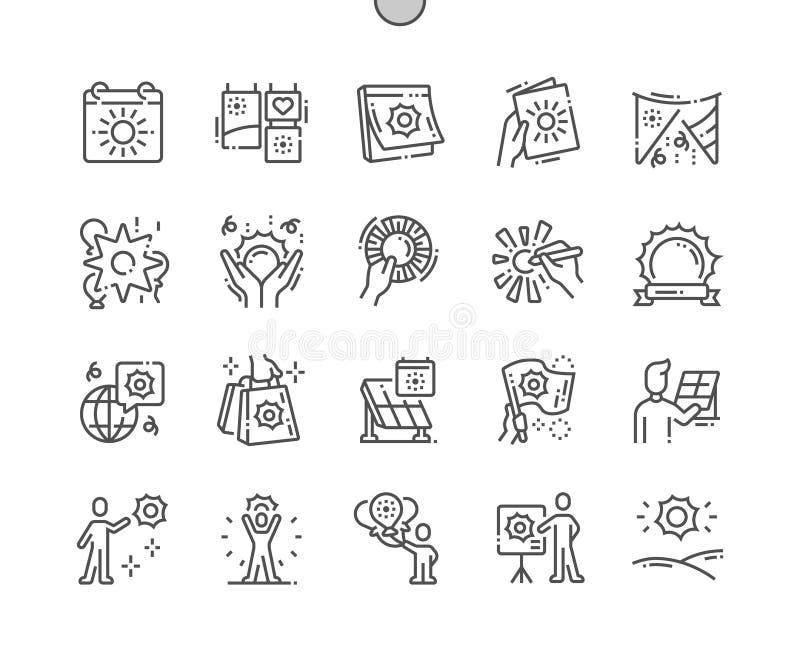 Pictogrammen van de het Pixel Perfecte Vector Dunne Lijn van de wereldzon de Dag goed-Bewerkte stock illustratie Pictogrammen van de het Pixel Perfecte Vector Dunne Lijn van de wereldzon de Dag goed-Bewerkte stock illustratie
