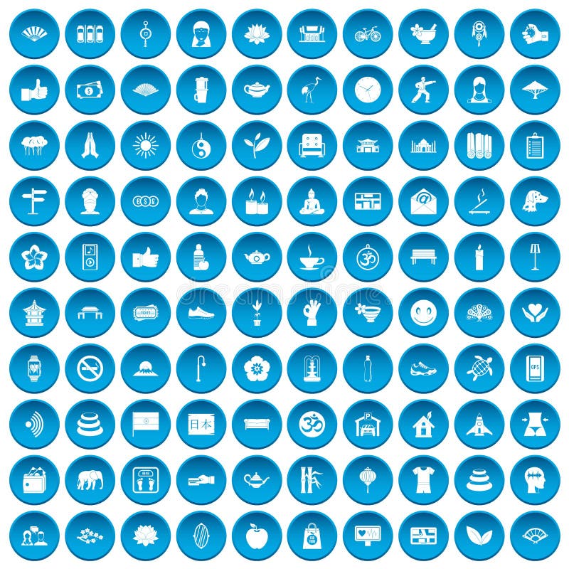 100 pictogrammen van de yogastudio geplaatst blauw royalty-vrije illustratie 100 pictogrammen van de yogastudio geplaatst blauw royalty-vrije illustratie