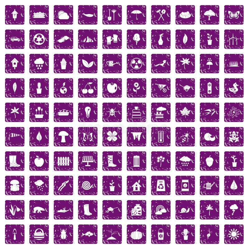 100 pictogrammen van het tuinmateriaal geplaatst grunge purple stock illustratie 100 pictogrammen van het tuinmateriaal geplaatst grunge purple stock illustratie