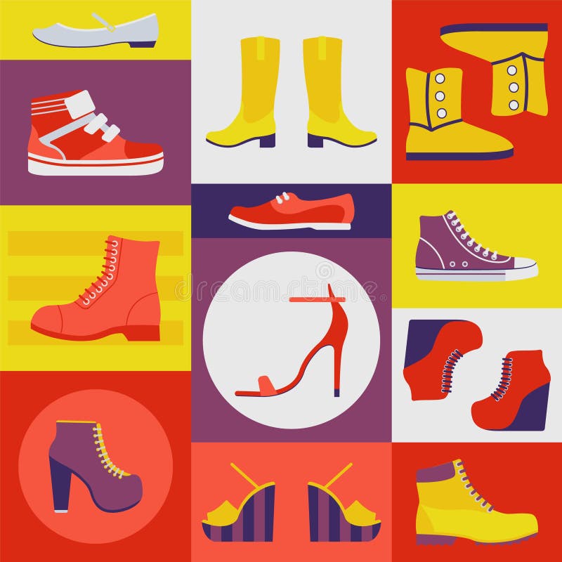 Icons of different shoes, jackboot, sneaker, boots, slipper, tile flat vector illustration. Modern fashion design store, web banner, shop, boutique, spring and autumn new collection. Icons of different shoes, jackboot, sneaker, boots, slipper, tile flat vector illustration. Modern fashion design store, web banner, shop, boutique, spring and autumn new collection.