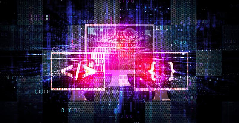 Pictogrammen voor codering en programmering van computercodes op digitale achtergrond stock illustratie