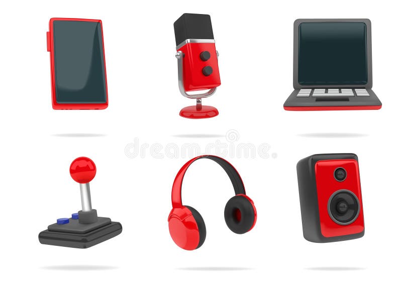 3d game icons. Phone computer technology, gadgets like laptop smartphone and headphones. Microphone and joystick. Electronic devices, audio entertainment. Vector render red and black  set. 3d game icons. Phone computer technology, gadgets like laptop smartphone and headphones. Microphone and joystick. Electronic devices, audio entertainment. Vector render red and black  set