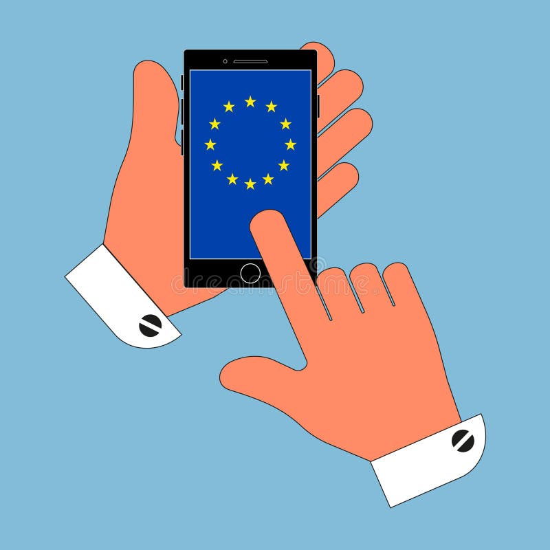 Pictogramtelefoon in zijn hand op de het schermvlag van de Europese Unie, de isolatie op een blauwe achtergrond Modieuze vectoril vector illustratie Pictogramtelefoon in zijn hand op de het schermvlag van de Europese Unie, de isolatie op een blauwe achtergrond Modieuze vectoril vector illustratie