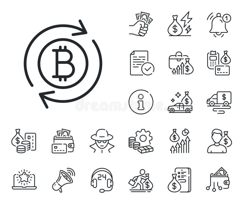 Pictogramă linie bitcoin. semn monedă criptomonedă de reîmprospătare. împrumut cu numerar și ipotecă. vector stock illustration