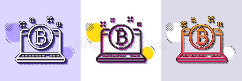 Pictogramă linie Bitcoin. Semn monedă criptomonedă. Simbol laptop. Model cu semiton punctat. Vector vector illustration