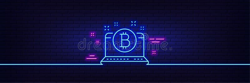 Pictogramă linie bitcoin. simbol monedă criptomonedă. simbol laptop. efectul de strălucire luminoasă neactivată. vector stock illustration