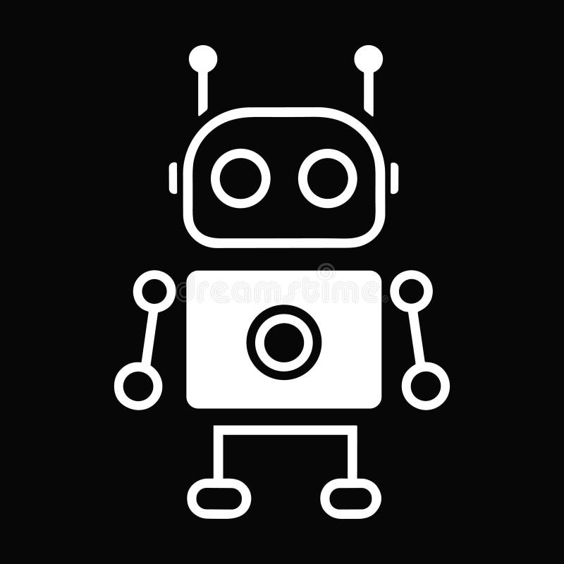 Pictogramă vector robot contur. Robot simplu liniar alb izolat pe fundal negru vector illustration