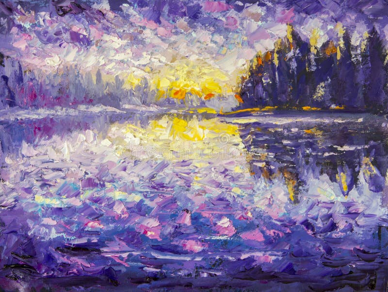 Pictura de dimineață de pe pânză pe râul Palette a unui cuțit de impresionism. răsăritul în apă. apus peste râu. reflexie stock illustration