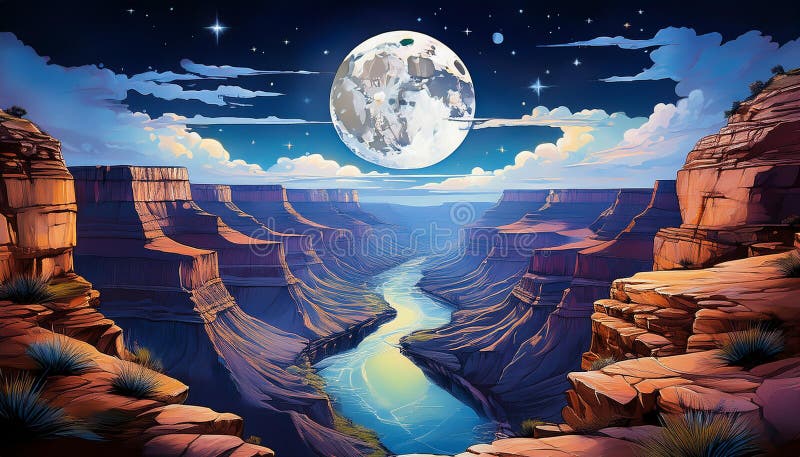 Pictura de noapte a cerului stelar al Marelui Canion, cu luna plină, canionul scăldat în lumina lunii, reflectând în vector illustration