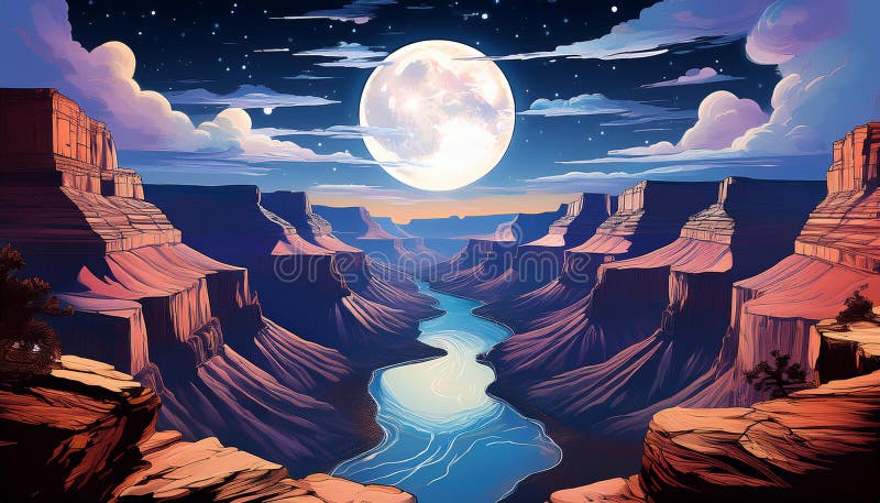 Pictura de noapte a cerului stelar al Marelui Canion, cu luna plină, canionul scăldat în lumina lunii, reflectând în stock illustration