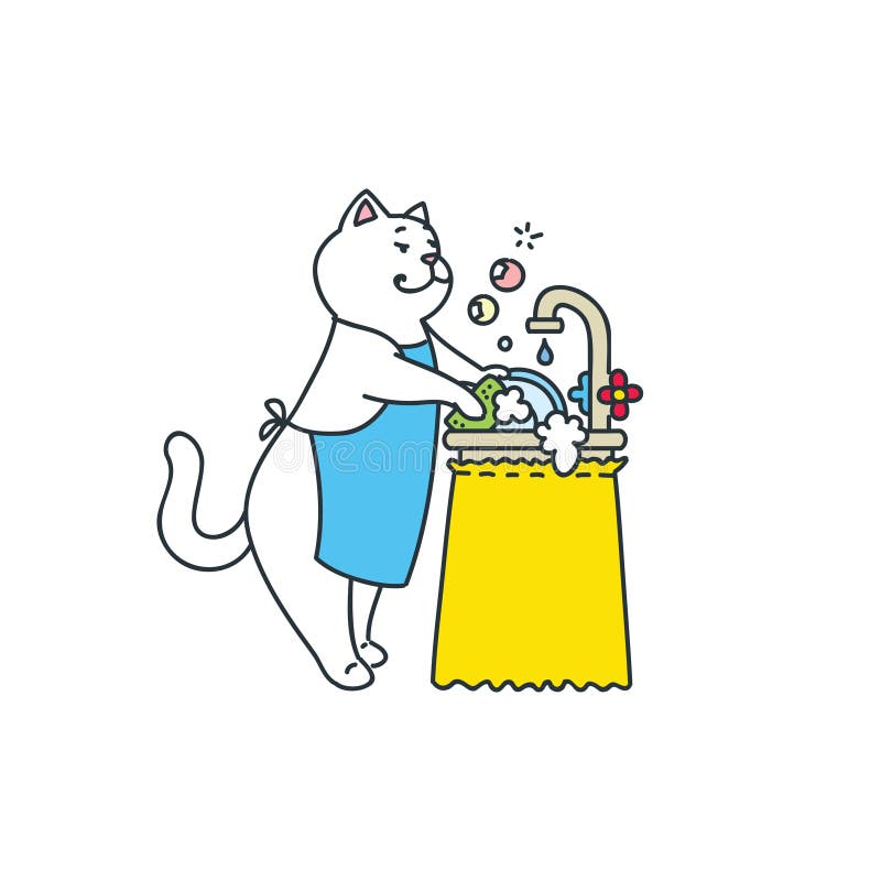 Cute Cat washing dishes  stock illustration Illustration 