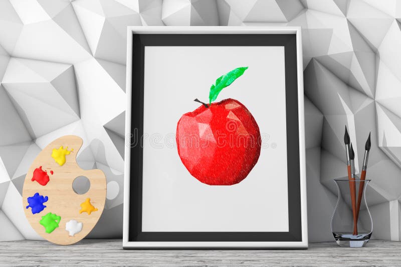 Picture of Apple with Paintbrushes and Pallette in front of Low royalty free illustration Picture of Apple with Paintbrushes and Pallette in front of Low royalty free illustration