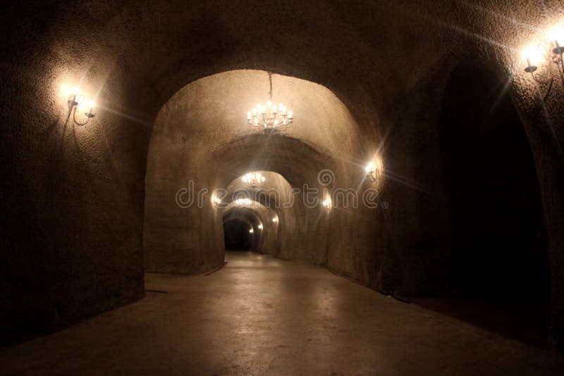 Dark tunnel with lights in a winery cellar royalty free stock photos Dark tunnel with lights in a winery cellar royalty free stock photos