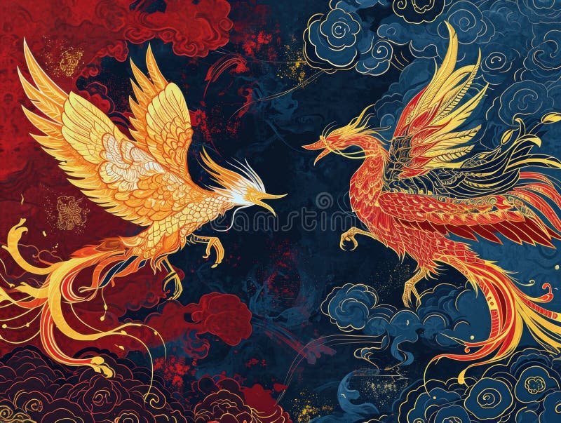 The picture of double phoenix that stay at opposite of each other on the red and blue side that the design of the phoenix come from east asian like chinese, korea or japan symbolize AI generated. The picture of double phoenix that stay at opposite of each other on the red and blue side that the design of the phoenix come from east asian like chinese, korea or japan symbolize AI generated