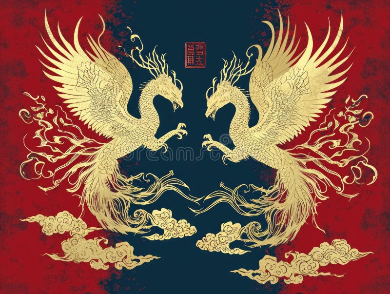 The picture of double phoenix that stay at opposite of each other on the red and blue side that the design of the phoenix come from east asian like chinese, korea or japan symbolize AI generated. The picture of double phoenix that stay at opposite of each other on the red and blue side that the design of the phoenix come from east asian like chinese, korea or japan symbolize AI generated