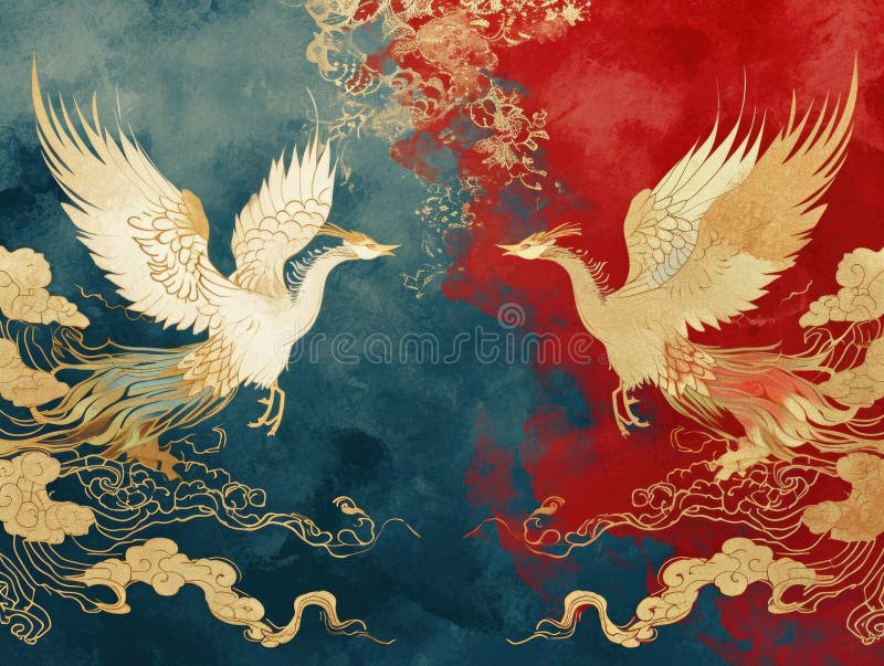 The picture of double phoenix that stay at opposite of each other on the red and blue side that the design of the phoenix come from east asian like chinese, korea or japan symbolize AI generated. The picture of double phoenix that stay at opposite of each other on the red and blue side that the design of the phoenix come from east asian like chinese, korea or japan symbolize AI generated