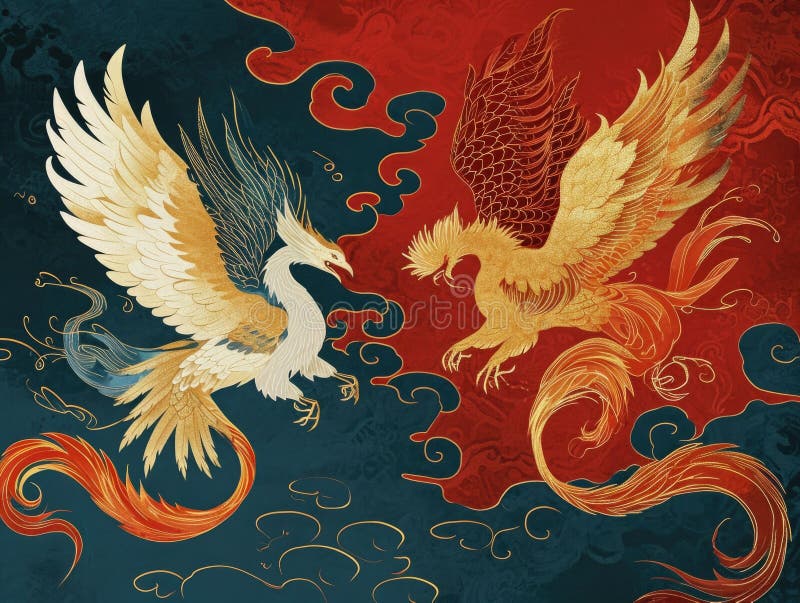 The picture of double phoenix that stay at opposite of each other on the red and blue side that the design of the phoenix come from east asian like chinese, korea or japan symbolize AI generated. The picture of double phoenix that stay at opposite of each other on the red and blue side that the design of the phoenix come from east asian like chinese, korea or japan symbolize AI generated