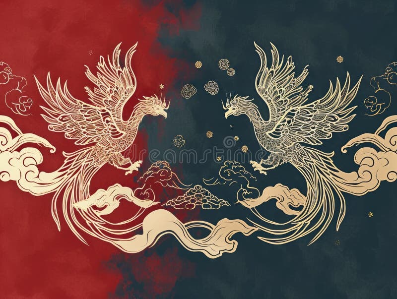 The picture of double phoenix that stay at opposite of each other on the red and blue side that the design of the phoenix come from east asian like chinese, korea or japan symbolize AI generated. The picture of double phoenix that stay at opposite of each other on the red and blue side that the design of the phoenix come from east asian like chinese, korea or japan symbolize AI generated