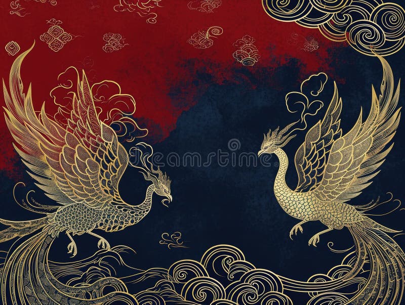 The picture of double phoenix that stay at opposite of each other on the red and blue side that the design of the phoenix come from east asian like chinese, korea or japan symbolize AI generated. The picture of double phoenix that stay at opposite of each other on the red and blue side that the design of the phoenix come from east asian like chinese, korea or japan symbolize AI generated