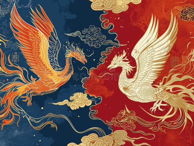 The picture of double phoenix that stay at opposite of each other on the red and blue side that the design of the phoenix come from east asian like chinese, korea or japan symbolize AI generated. The picture of double phoenix that stay at opposite of each other on the red and blue side that the design of the phoenix come from east asian like chinese, korea or japan symbolize AI generated