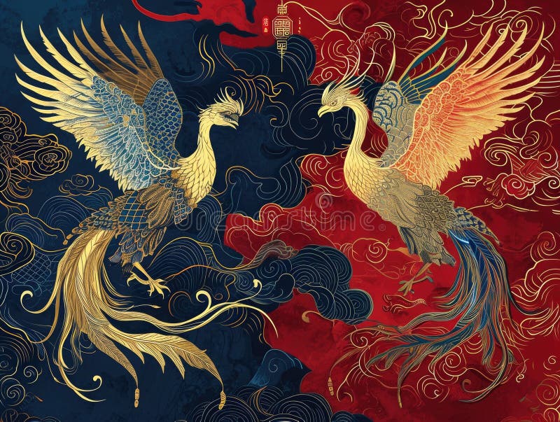 The picture of double phoenix that stay at opposite of each other on the red and blue side that the design of the phoenix come from east asian like chinese, korea or japan symbolize AI generated. The picture of double phoenix that stay at opposite of each other on the red and blue side that the design of the phoenix come from east asian like chinese, korea or japan symbolize AI generated