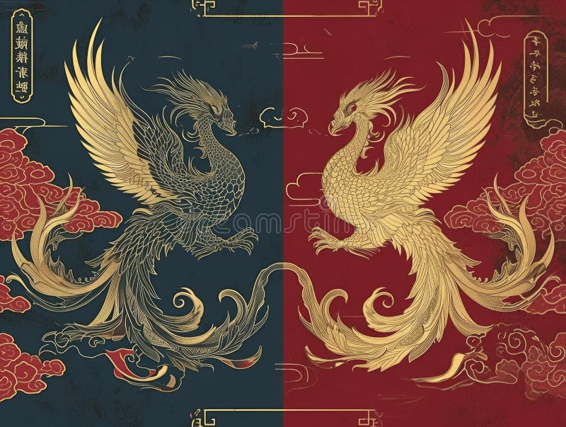 The picture of double phoenix that stay at opposite of each other on the red and blue side that the design of the phoenix come from east asian like chinese, korea or japan symbolize AI generated. The picture of double phoenix that stay at opposite of each other on the red and blue side that the design of the phoenix come from east asian like chinese, korea or japan symbolize AI generated