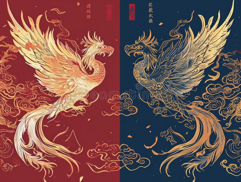 The picture of double phoenix that stay at opposite of each other on the red and blue side that the design of the phoenix come from east asian like chinese, korea or japan symbolize AI generated. The picture of double phoenix that stay at opposite of each other on the red and blue side that the design of the phoenix come from east asian like chinese, korea or japan symbolize AI generated