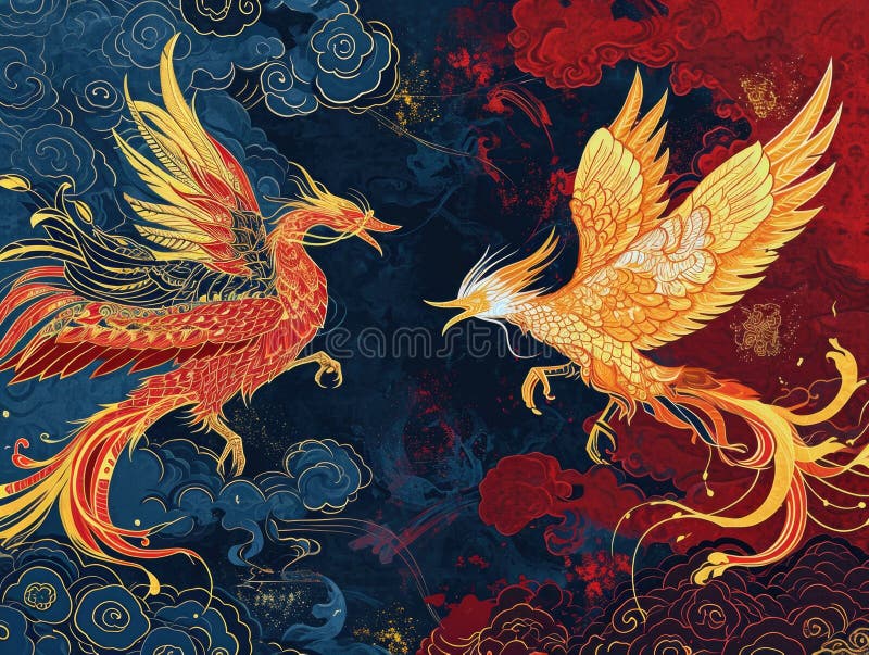 The picture of double phoenix that stay at opposite of each other on the red and blue side that the design of the phoenix come from east asian like chinese, korea or japan symbolize AI generated. The picture of double phoenix that stay at opposite of each other on the red and blue side that the design of the phoenix come from east asian like chinese, korea or japan symbolize AI generated