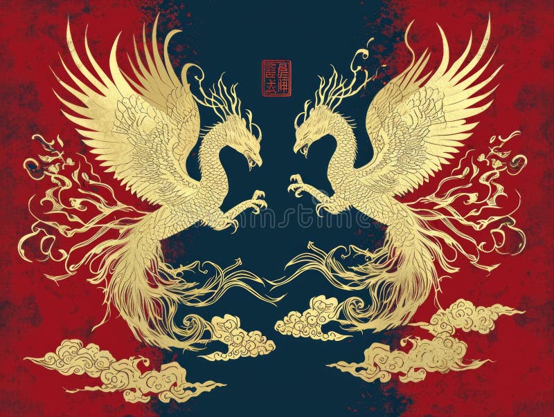 The picture of double phoenix that stay at opposite of each other on the red and blue side that the design of the phoenix come from east asian like chinese, korea or japan symbolize AI generated. The picture of double phoenix that stay at opposite of each other on the red and blue side that the design of the phoenix come from east asian like chinese, korea or japan symbolize AI generated