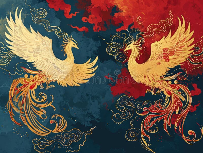 The picture of double phoenix that stay at opposite of each other on the red and blue side that the design of the phoenix come from east asian like chinese, korea or japan symbolize AI generated. The picture of double phoenix that stay at opposite of each other on the red and blue side that the design of the phoenix come from east asian like chinese, korea or japan symbolize AI generated