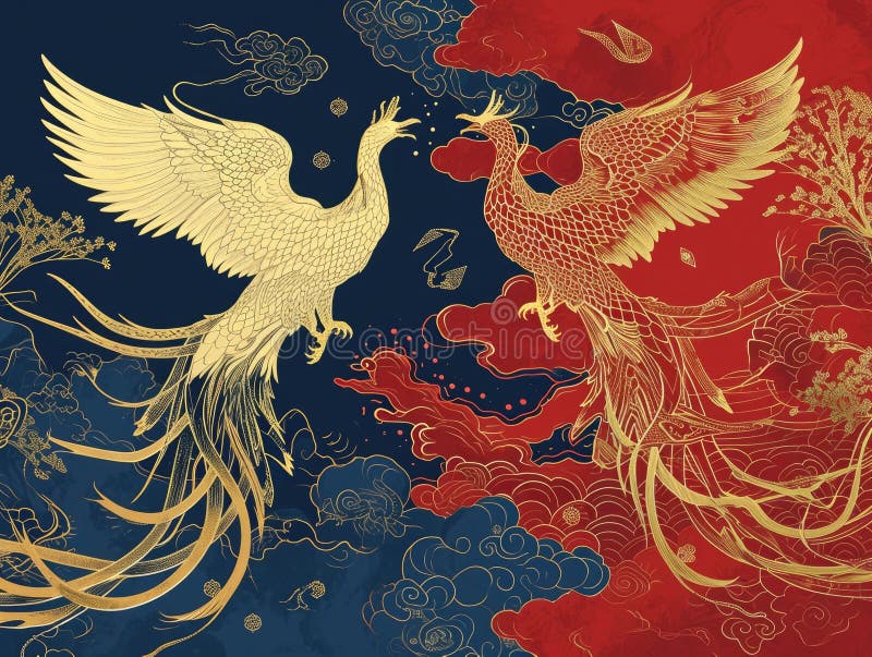 The picture of double phoenix that stay at opposite of each other on the red and blue side that the design of the phoenix come from east asian like chinese, korea or japan symbolize AI generated. The picture of double phoenix that stay at opposite of each other on the red and blue side that the design of the phoenix come from east asian like chinese, korea or japan symbolize AI generated