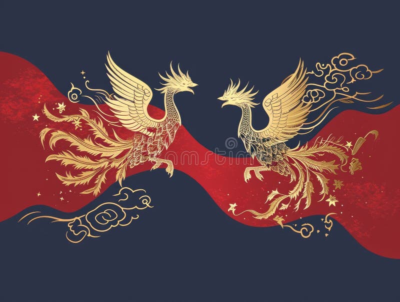 The picture of double phoenix that stay at opposite of each other on the red and blue side that the design of the phoenix come from east asian like chinese, korea or japan symbolize AI generated. The picture of double phoenix that stay at opposite of each other on the red and blue side that the design of the phoenix come from east asian like chinese, korea or japan symbolize AI generated