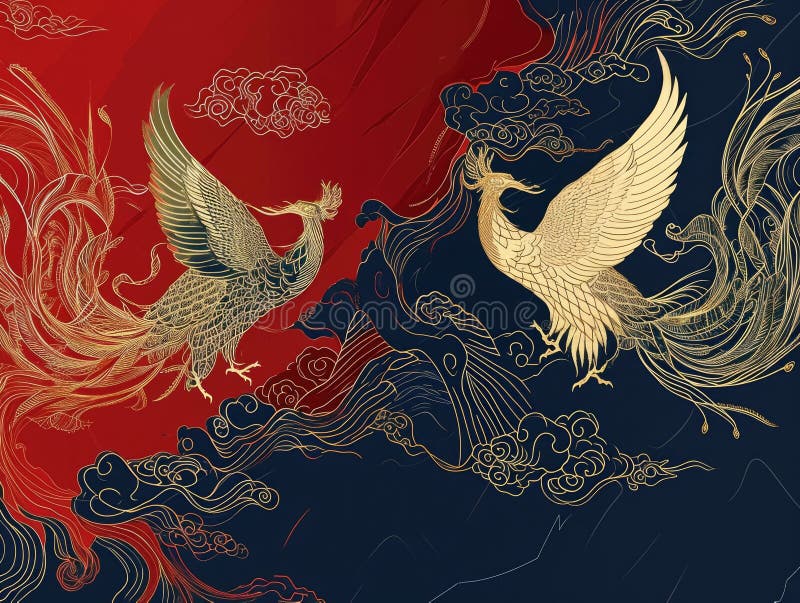 The picture of double phoenix that stay at opposite of each other on the red and blue side that the design of the phoenix come from east asian like chinese, korea or japan symbolize AI generated. The picture of double phoenix that stay at opposite of each other on the red and blue side that the design of the phoenix come from east asian like chinese, korea or japan symbolize AI generated