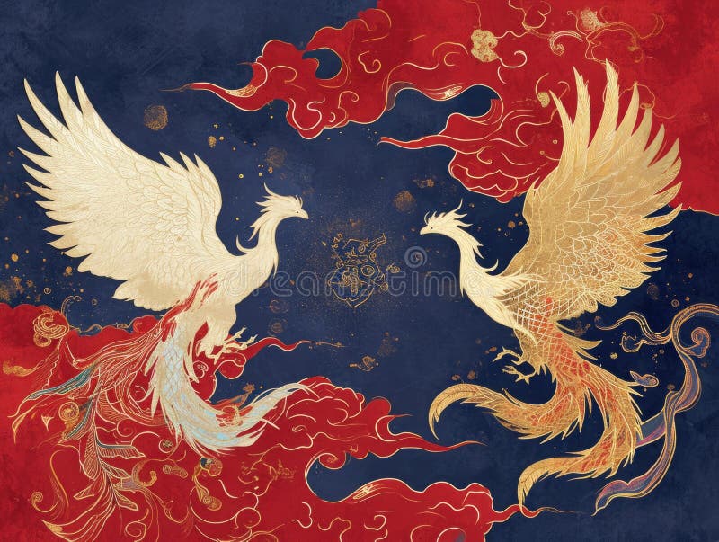 The picture of double phoenix that stay at opposite of each other on the red and blue side that the design of the phoenix come from east asian like chinese, korea or japan symbolize AI generated. The picture of double phoenix that stay at opposite of each other on the red and blue side that the design of the phoenix come from east asian like chinese, korea or japan symbolize AI generated