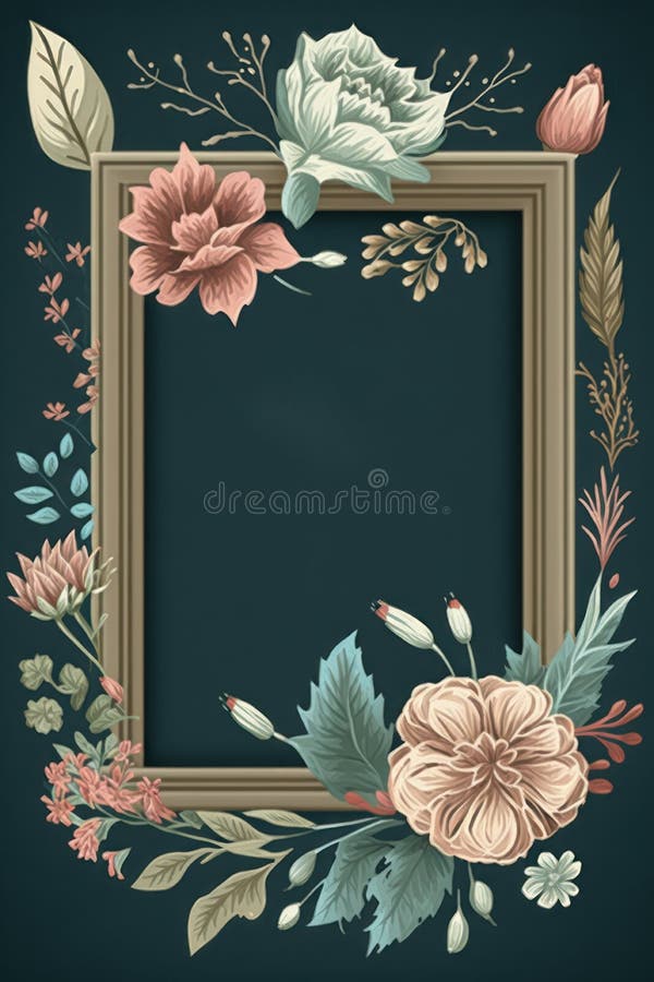 Picture Frame Decorated with Flowers and Leaves. Generative AI Stock