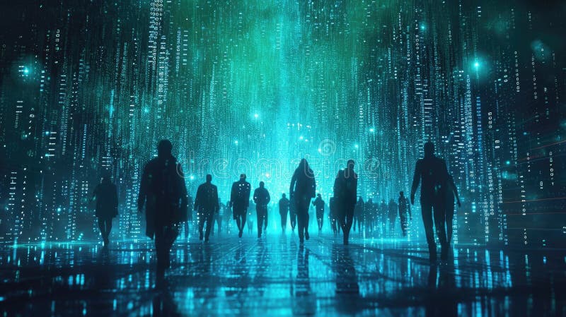 The group people try searching something in digital matrix binary code. AIGX01. royalty free stock image