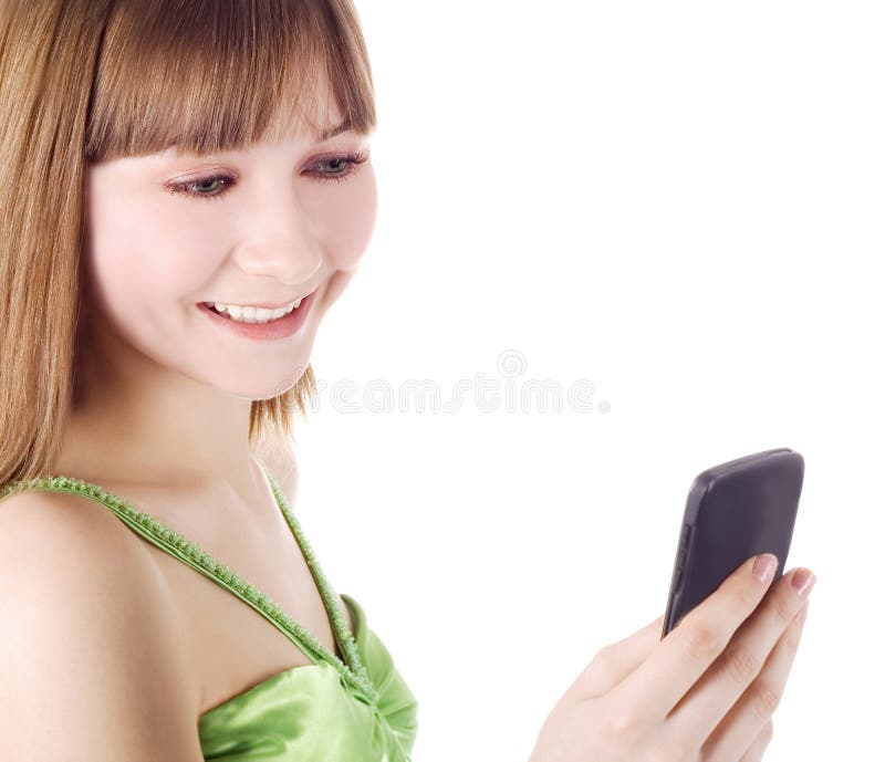 Picture of happy blonde with cell phone