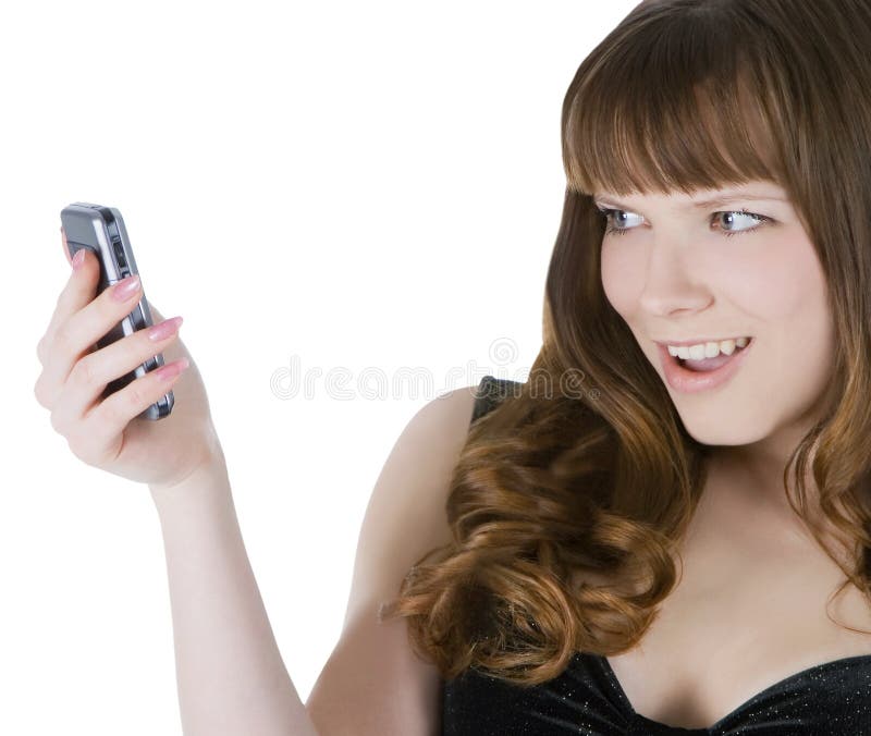 Picture of happy brunette with cell phone