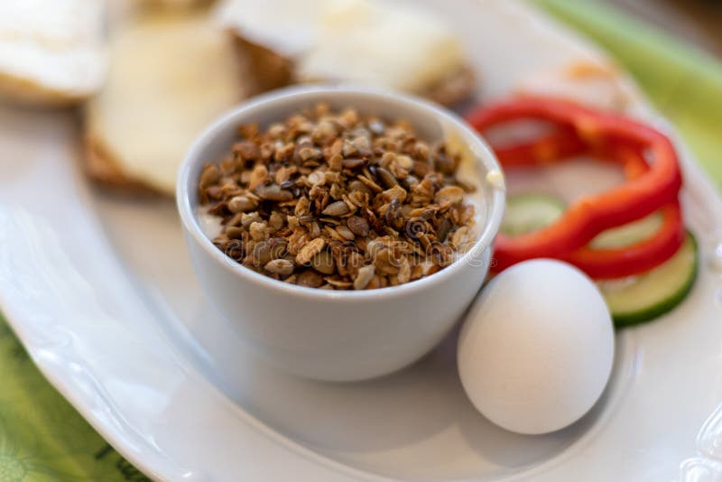 Picture of Healthy Breakfast with Eggs, Vegetables and Cup of Porridge