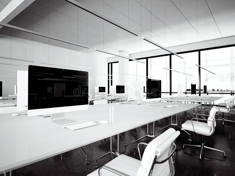 Picture interior modern library.Workspace loft panoramic windows.Generic design computers and generic white furniture in royalty free stock photography Picture interior modern library.Workspace loft panoramic windows.Generic design computers and generic white furniture in royalty free stock photography