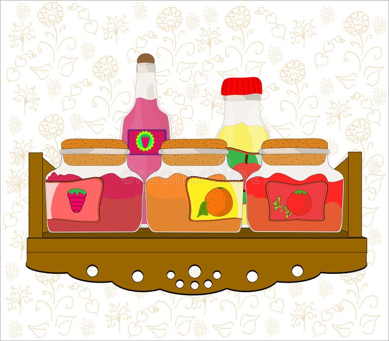 Picture of Kitchen Shelf with Bottles and Jam Jars Stock Illustration