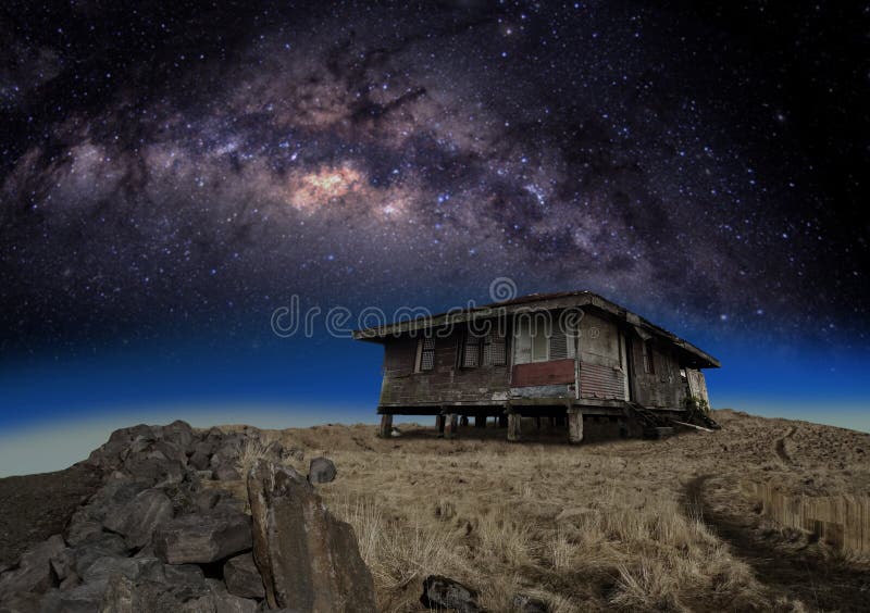 Milky way, old house, cosmic peace